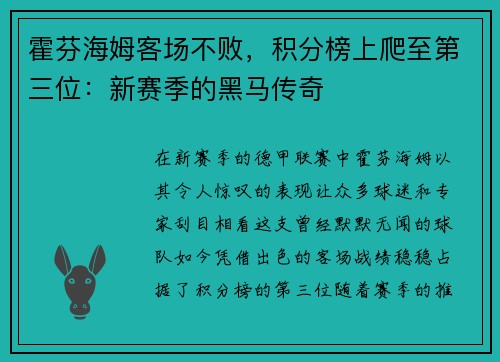 霍芬海姆客场不败，积分榜上爬至第三位：新赛季的黑马传奇